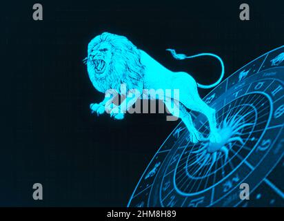 Lion in Horoscope circle dark blue background, Leo zodiac symbol. Stock Photo