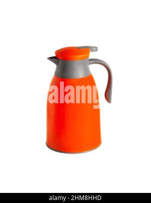 Orange thermos with a handle. Close-up. Isolated on white background. Stock Photo