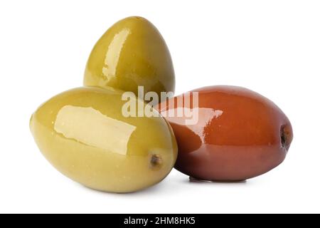 Pile of green olives on white background Stock Photo
