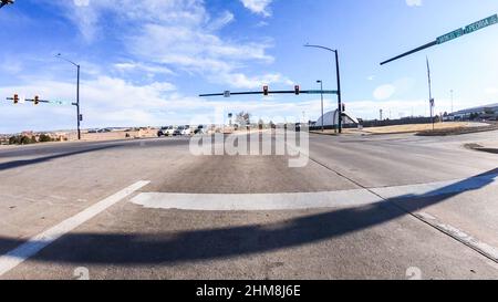 Driving on typical paved roads in suburban America. Stock Photo