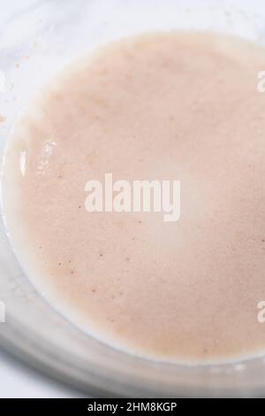 Activating dry yeast in a glass mixing bowl to prepare dinner rolls. Stock Photo