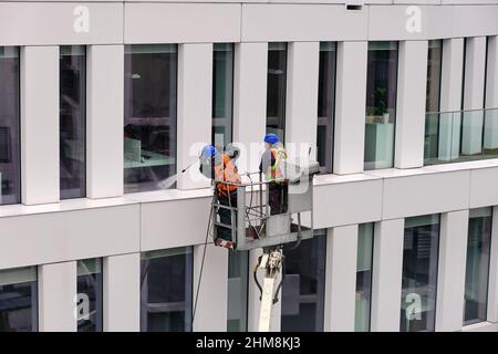 Two workers wearing safety harness wash office building facade at height standing in a crane cradle or aerial platform using pressure washer and mops Stock Photo