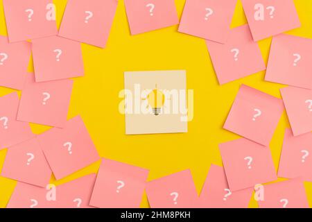 Sticky notes on yellow background. Question mark. Stock Photo