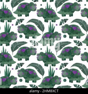 Green Dinosaurs pattern, Watercolor seamless pattern, dinosaurs and tropical leaves on white background, Watercolor hand drawn illustration Stock Photo
