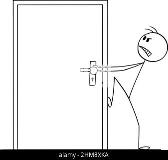 Person Trying to Open Locked or Blocked Exit Door , Vector Cartoon ...