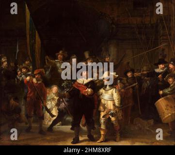 Militia Company of District II under the Command of Captain Frans Banninck Cocq and Lieutenant Willem van Ruytenburch.  The painting is popularly known as 'The Night Watch'.  By Dutch Golden Age artist Rembrandt Harmenszoon van Rijn, 1606 - 1669.  On display in the Rijksmuseum, Amsterdam, Netherlands. Stock Photo