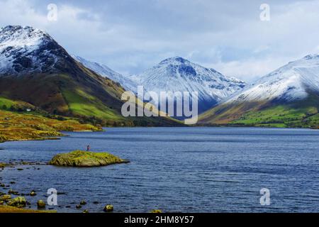 Winter view of Wastwater with snow capped peaks Cumbria Stock Photo