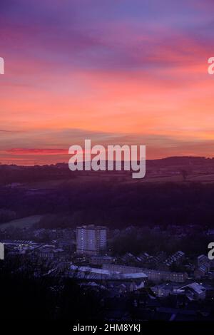 Keighley, UK: View across the Ingrow area of Keighley in West Yorkshire at sunrise. Sunrise Stock Photo