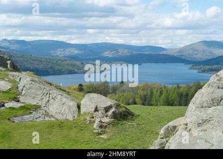 Brant Fell above Bowness on Windermere looking across Lake Windermere to the Langdale range of peaks Stock Photo