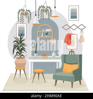 Cozy dining room interior with armchair and arches on the wall. Vector illustration. Stock Vector