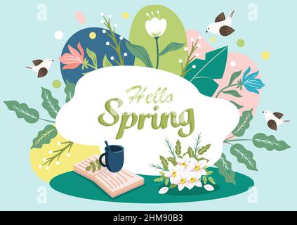 Colorful spring background with flowers, birds, a cup of tea and a book. Hi spring. Vector illustration. Stock Vector