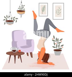 A young woman is engaged in exercises at home against the backdrop of a cozy interior. Healthy everyday lifestyle. Vector illustration. Stock Vector