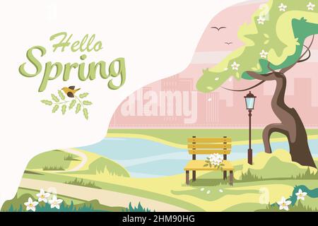 Spring landscape with city buildings in the background. City Park. Postcard Hello spring. Warm weather. Nature in spring colors. Vector illustration. Stock Vector