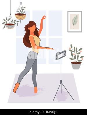 Fitness blogger records online video of class. Beautiful girl blogger in front of the camera on a tripod. Vector illustration. Stock Vector