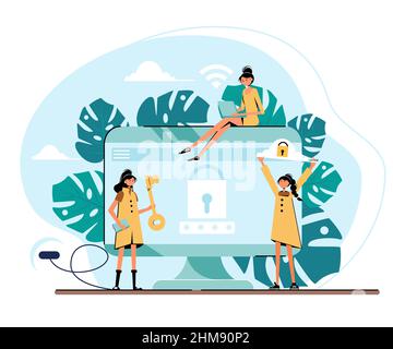 Vector illustration of big computer monitor with key and lock and tiny pretty women cartoon characters. Computer protection concept for web banner, we Stock Vector