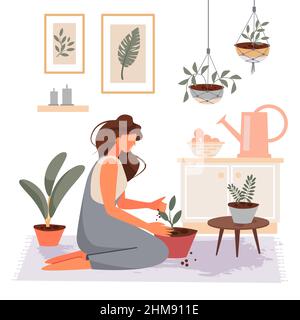 The girl transplants plants at home. Gardening concept. Cute vector illustration. Stock Vector