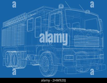 Fire Engine outline vector. Fire truck isolated on blue background Stock Vector