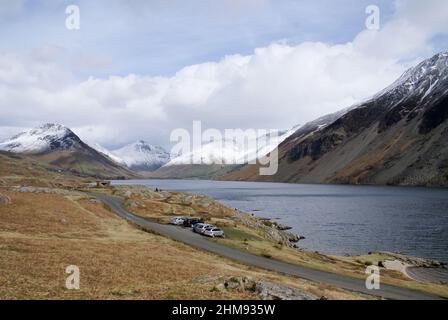 Winter view of Wastwater with snow capped peaks Cumbria Stock Photo