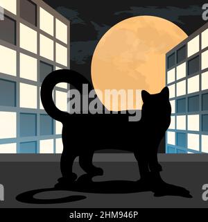 silhouette of urban cat sitting on windowsill of high rise building against backdrop of large full moon. Night life of urban animals. Minimalistic vec Stock Vector
