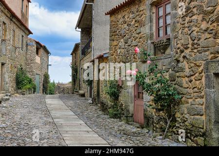 Narrow street with flowers and old stone houses, Castelo Rodrigo village, Serra da Estrela, Beira Alta, Portugal Stock Photo