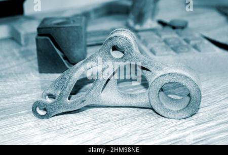 Gray abstract models printed on 3d printer from powder close-up. Stock Photo