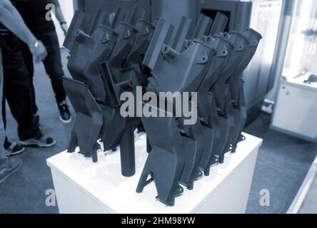 Internal combustion engine prototype printed on 3D printer. close-up. Stock Photo