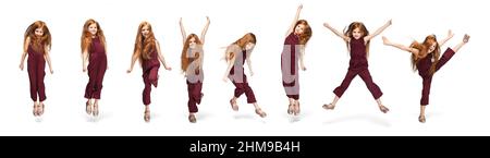 Collage with images of little cute kid, happy girl jumping, running isolated on white studio background. Education, emotions, childhood concept. Stock Photo