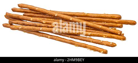 Stack of salted pretzel sticks isolated on white background Stock Photo