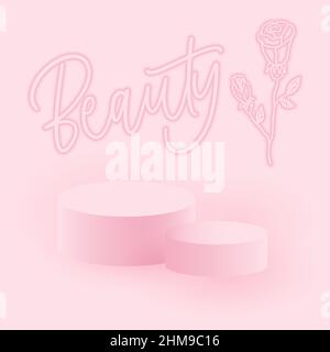 Pink minimal 3d scene of two cylinders for product demonstration. A group of vector round pedestals for presentation on the background of a rose and Stock Vector