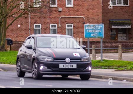 DVSA Driving Test Candidates Only sign,  car learner drivers taking their test. 2020 VW Volkswagen Polo Beats Evo 999cc petrol 5 speed manual in Southport, Merseyside, UK Stock Photo