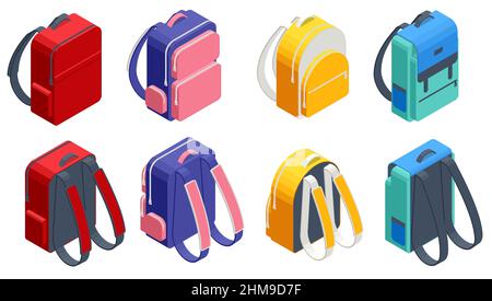 Isometric Colored school backpack isolated on white. Backpacks for schoolchildren, students. Education and study back to school, schoolbag luggage Stock Vector