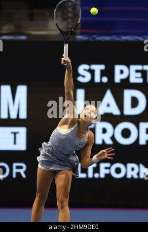 Jaqueline Cristian of Romania in action during the St. Petersburg Ladies Trophy 2022 tennis tournament against Bernarda Pera of USA.Final score; Jaqueline Cristian 2:0 Bernarda Pera. (Photo by Maksim Konstantinov / SOPA Images/Sipa USA) Stock Photo