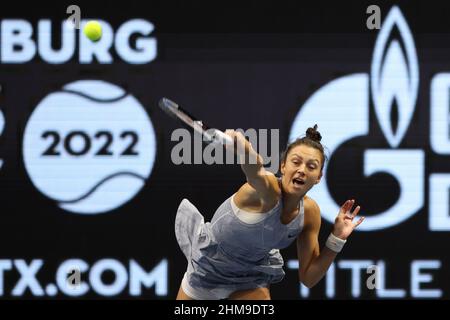 Jaqueline Cristian of Romania in action during the St. Petersburg Ladies Trophy 2022 tennis tournament against Bernarda Pera of USA.Final score; Jaqueline Cristian 2:0 Bernarda Pera. (Photo by Maksim Konstantinov / SOPA Images/Sipa USA) Stock Photo