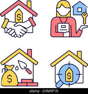 Home buying process RGB color icons set Stock Vector