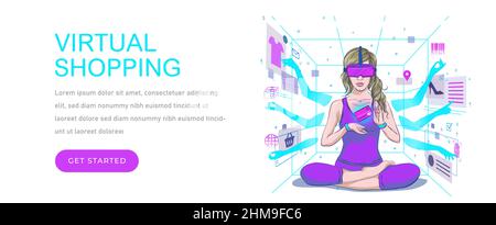 Virtual Shopping Flat Illustration Metaverse virtual reality concept, color navy blue, yellow, green minimal style, can be used for landing page, web, Stock Vector