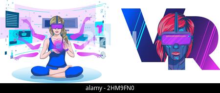 Metaverse and Digital Reality Virtual and Augmented Reality Technology, Couple Wearing Reality Headset Glasses Connected to Ambient Space and Reality Stock Vector