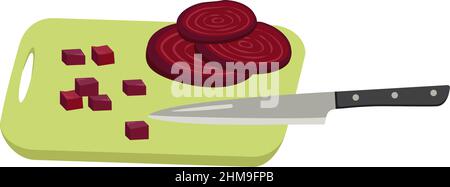 Red beet slices and cubes cut with knife on board. Healthy vegetables and delicious food for salad, cooking. Vector flat illustration Stock Vector