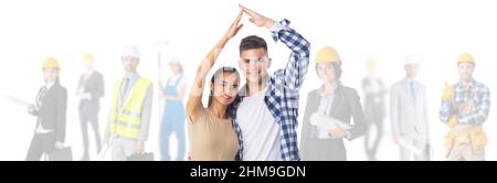 Couple making roof with hands symbol of new home and team of construction workers. Isolated on white background Stock Photo