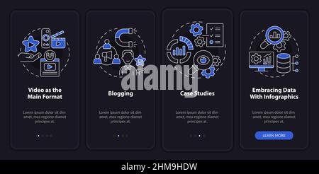 Content marketing trends night mode onboarding mobile app screen Stock Vector