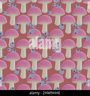 Pink mushroom seamless pattern, Wild mushroom repeat print, Textile design, Stationary wallpaper, Magic forest plant, Botanical wallpaper, Retro print Stock Photo