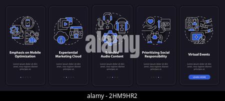 Marketing trends examples night mode onboarding mobile app screen Stock Vector