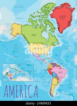 Political America Map vector illustration with different colors for each country. Editable and clearly labeled layers. Stock Vector