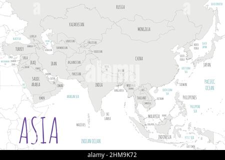 Political Asia Map vector illustration isolated in white background. Editable and clearly labeled layers. Stock Vector