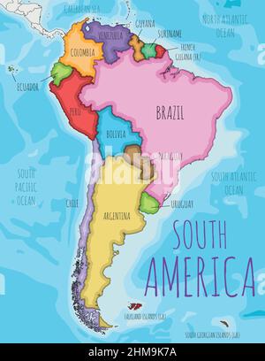 Political South America Map vector illustration with different colors for each country. Editable and clearly labeled layers. Stock Vector