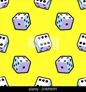 Cartoon pattern of playing dice on a yellow background for printing and design. Vector illustration. Stock Vector