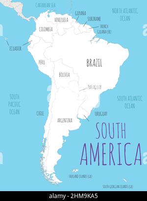 Political South America Map vector illustration with countries in white color. Editable and clearly labeled layers. Stock Vector