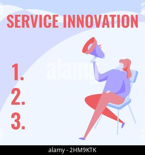 Text showing inspiration Service Innovation. Business approach Improved Product Line Services Introduce upcoming trend Woman Drawing Holding Megaphone Stock Photo