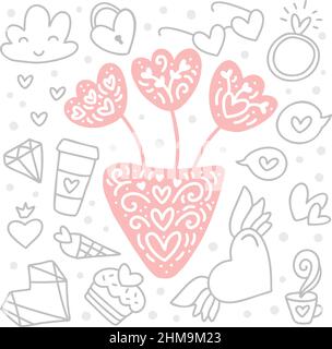 Vintage doodle vector elements and vase with flowers in center for Valentines day. Hand drawn love heart, diamond, ring, cake, cup. Romantic Stock Vector