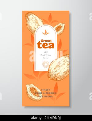 Tea with Fruit and Berries Label Template. Abstract Vector Packaging Design Layout with Realistic Shadows. Hand Drawn Maracuja or Papaya and Tea Stock Vector