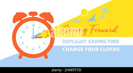 Daylight Saving Time banner. The clocks moves forward one hour. Spring clocks changes reminder concept in modern flat design style. Vector illustratio Stock Vector